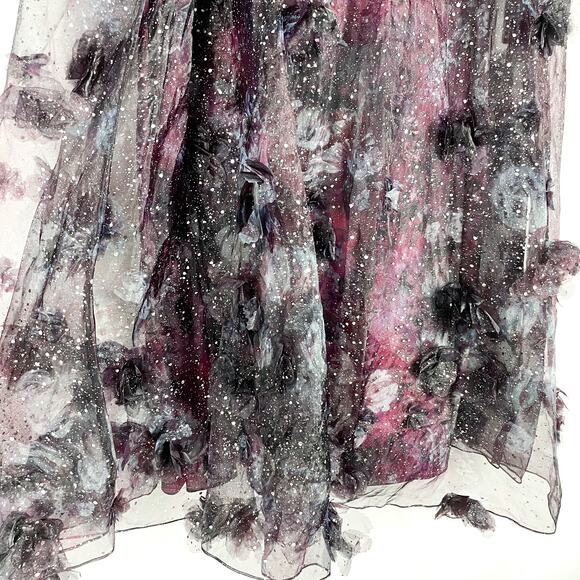 Marchesa Gown 3D Floral Purple Black Printed Organza Foiled Long Sleeve Sz 6 - Picture 8 of 13